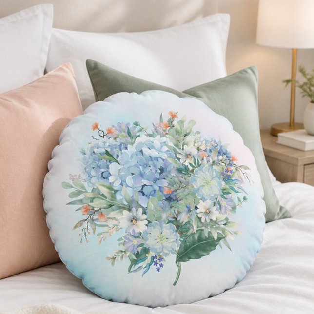 Blauwe Hydrangea Waterverf Ronde Kussen (Creator heeft geüpload)
