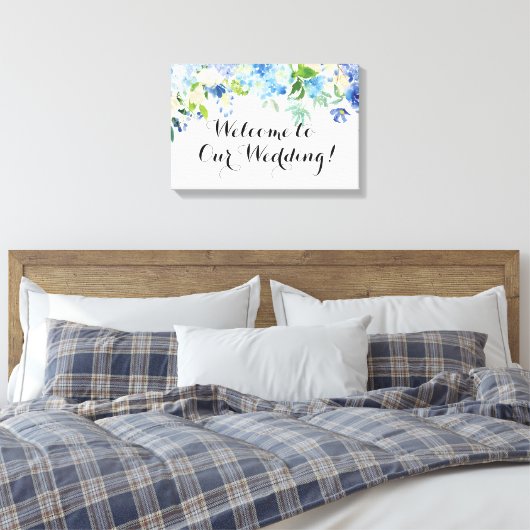 Blauwe Hydrangea Welkom op onze bruiloft Canvas Si (Insitu (Slaapkamer))