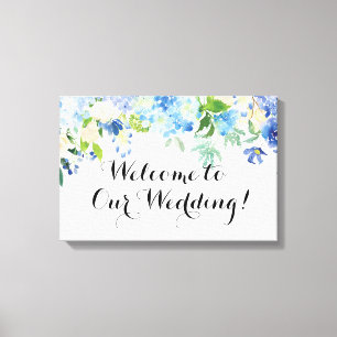 Blauwe Hydrangea Welkom op onze bruiloft Canvas Si Afdruk