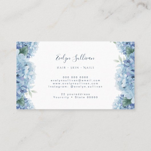 Blauwe hydrangea wit etiket visitekaartje (Achterkant)