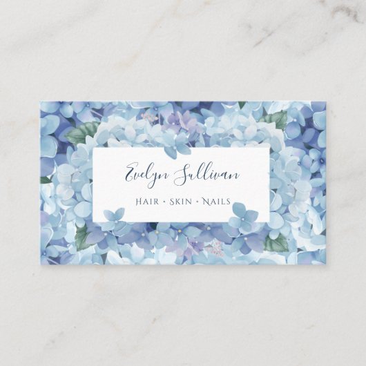 Blauwe hydrangea wit etiket visitekaartje (Voorkant)