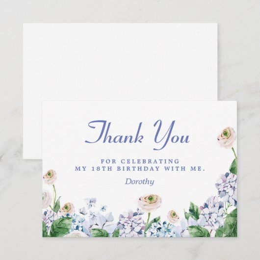 Blauwe Hydrangea Witte Roos 18e verjaardag Bedankkaart (Voorkant / Achterkant)