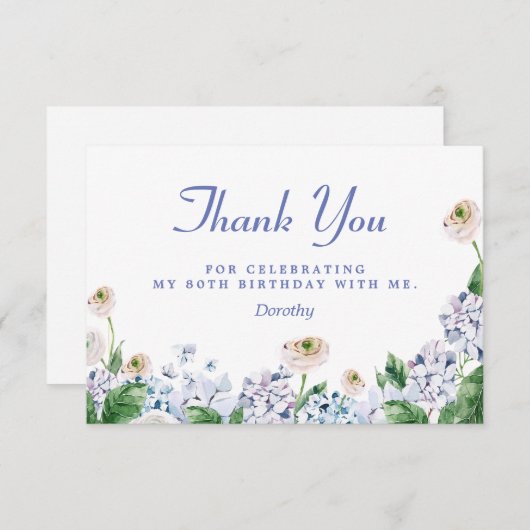 Blauwe Hydrangea Witte Rose 80e verjaardag Bedankkaart (Voorkant / Achterkant)