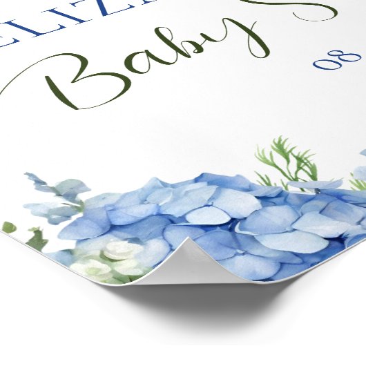 Blauwe Hydrangea Witte Rozen Bloemen Script Welkom Poster (Hoek)