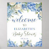 Blauwe Hydrangea Witte Rozen Bloemen Script Welkom Poster (Voorkant)