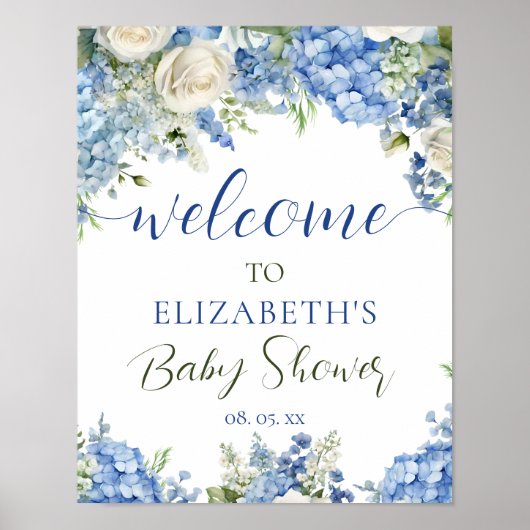 Blauwe Hydrangea Witte Rozen Bloemen Script Welkom Poster (Voorkant)