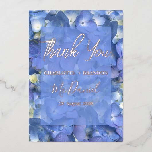 Blauwe Hydrangeas Bloemen Bruiloft Dank u Folie Uitnodiging (Voorkant)