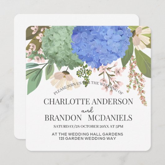 Blauwe Hydrangeas Bloemenbruiloft Kaart (Voorkant / Achterkant)