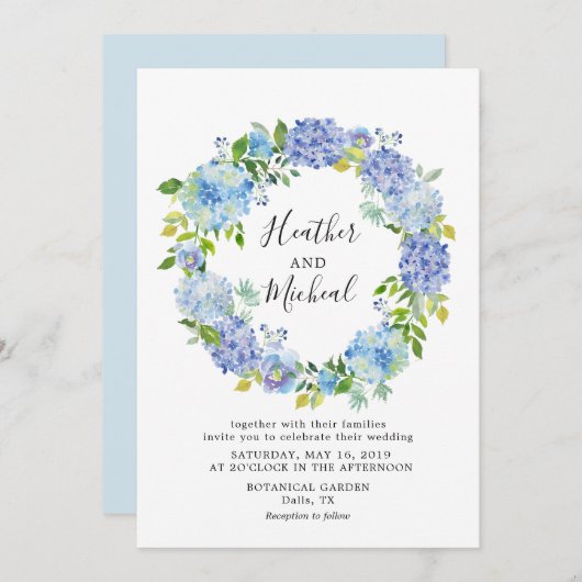 Blauwe Hydrangeas Bloemenkrans Bruiloft uitnodigin Kaart (Voorkant / Achterkant)