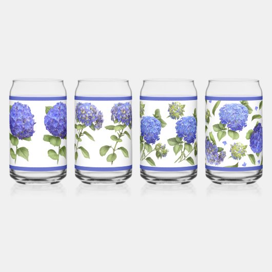 Blauwe Hydrangeas Botanische Kunst Kan Glas Set (Achterkant)