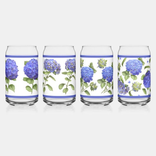 Blauwe Hydrangeas Botanische Kunst Kan Glas Set (Voorkant)