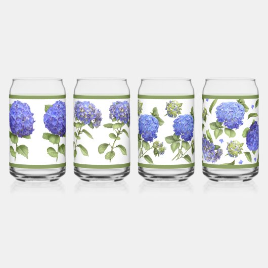 Blauwe Hydrangeas Botanische Kunst Kan Glas Set (Achterkant)