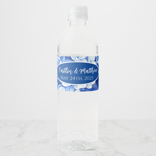 Blauwe Hydrangeas Bruiloft Water Fles Labels Waterfles Etiket (Voorkant)