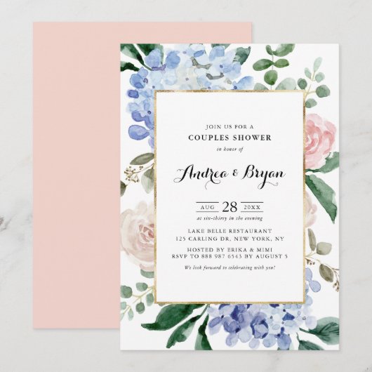 Blauwe hydrangeas en roze roze stellen douche kaart (Voorkant / Achterkant)