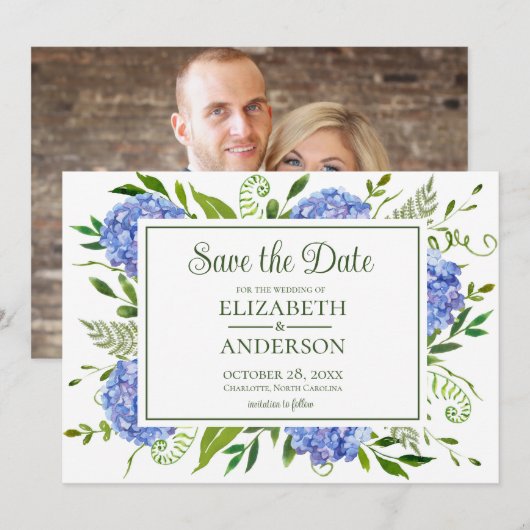 Blauwe Hydrangeas Foto Save The Date (Voorkant / Achterkant)