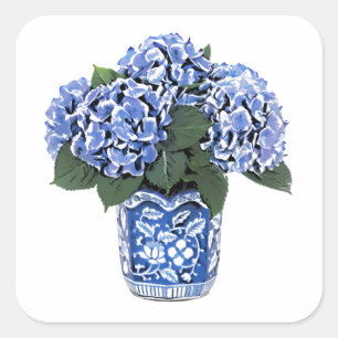 Blauwe hydrangeas in een Floral Ceramic Pot. Vierkante Sticker