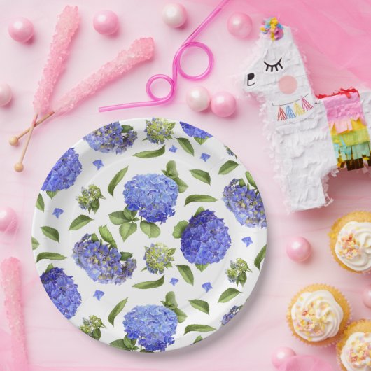 Blauwe hydrangeas over het gehele botanische ontwe papieren bordje (Feest)