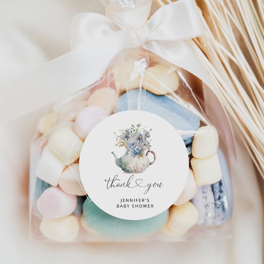 Blauwe Hydrangea's theepot baby shower Ronde Sticker