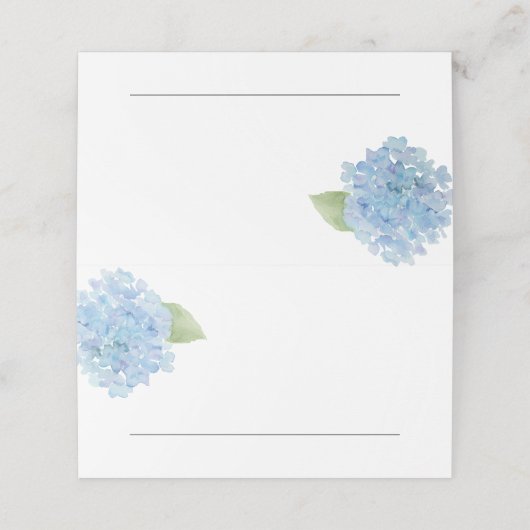 Blauwe hydrangeas voor bruiloft of evenement plaatskaartje (Buitenkant ongevouwen)