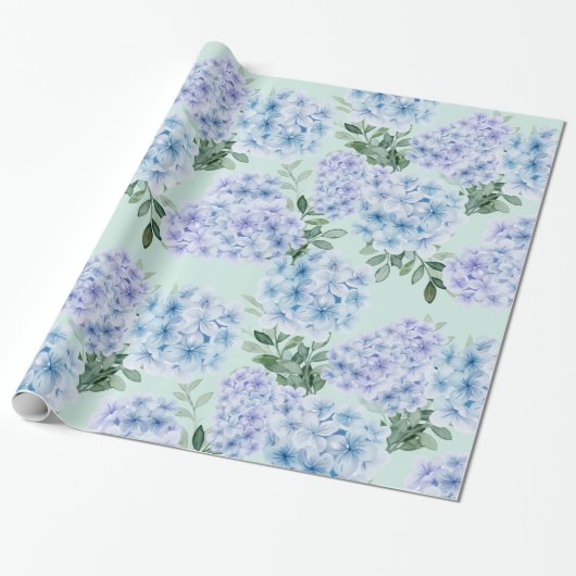 Blauwe hydrangebloemen cadeaupapier (Uitgerold)
