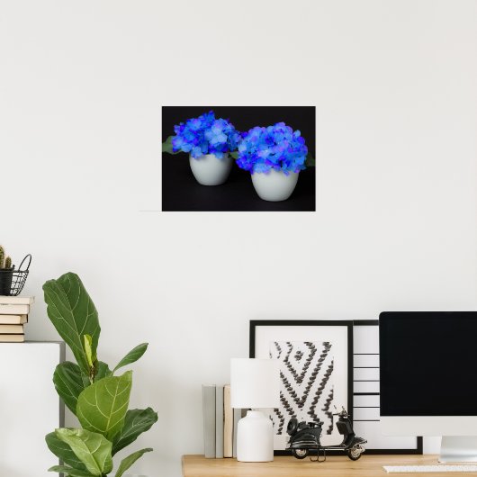 Blauwe hydrangebloemen in witte potten poster (Thuiskantoor)