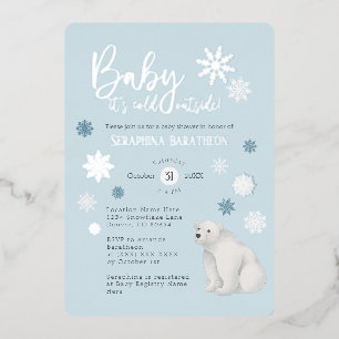 Blauwe Ijsbeer Zilveren Folie Sneeuwvlok Baby Show Uitnodiging
