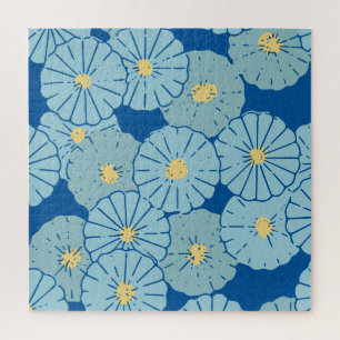 Blauwe illustratie van het Japanse Floral Patroon Legpuzzel