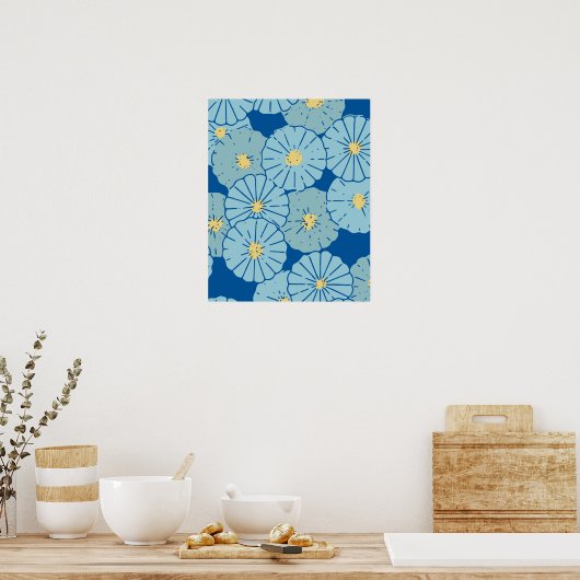 Blauwe illustratie van het Japanse Floral Patroon Poster (Keuken)