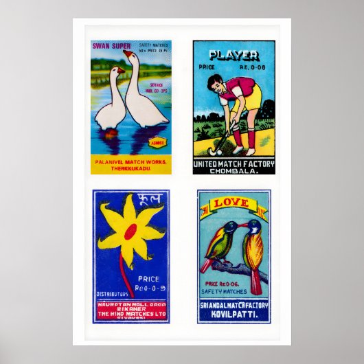 Blauwe Indiase Luciferdoosjes Labels Rasterprint, Poster (Voorkant)