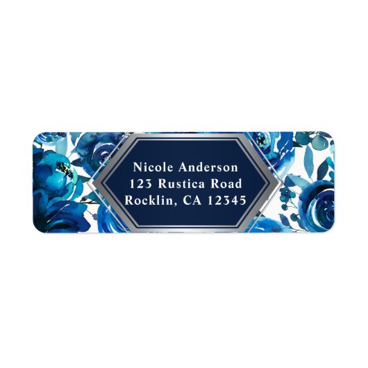 Blauwe Indigo Bloemen Elegante Chic Bruiloft Etiket (Voorkant)