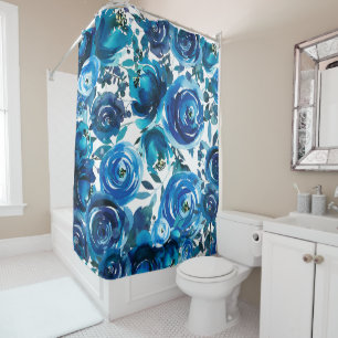 Blauwe Indigo Bloemige Bloemen Elegante Shabby Chi Douchegordijn