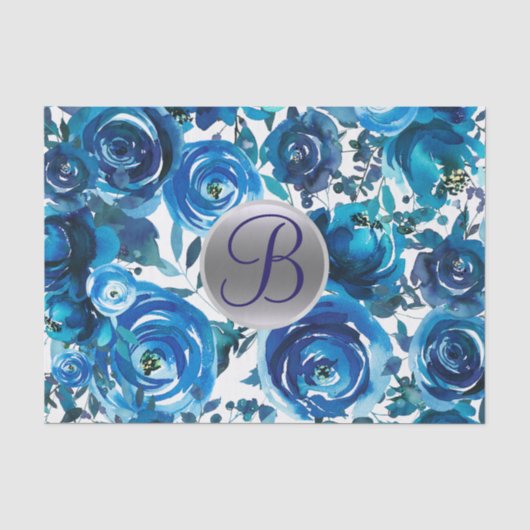 Blauwe Indigo Bloemige Monogram Letter Initiaal Tissuepapier (Voorkant)