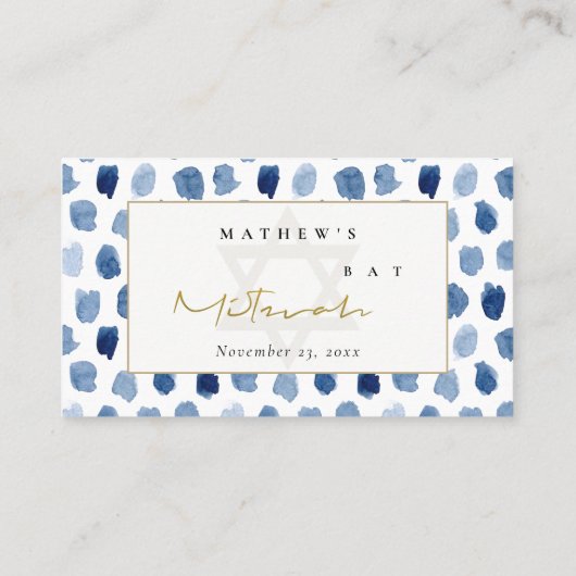 BLAUWE INDIGO WATERVERF BAR BBT MITZVAH PLACE CARD VISITEKAARTJE (Achterkant)