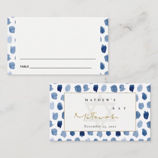BLAUWE INDIGO WATERVERF BAR BBT MITZVAH PLACE CARD VISITEKAARTJE (Voorkant / Achterkant)