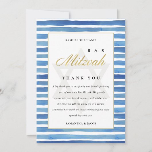 BLAUWE INDIGO WATERVERF STRIPES BBT BAR MITZVAH BEDANKKAART (Voorkant)