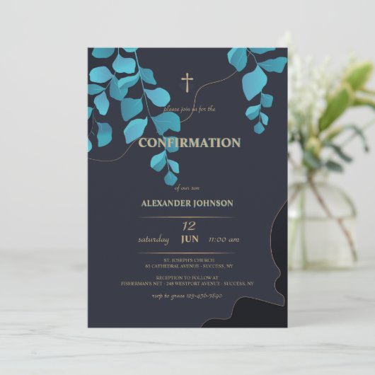 Blauwe indruk religieuze uitnodiging (Staand voorkant)