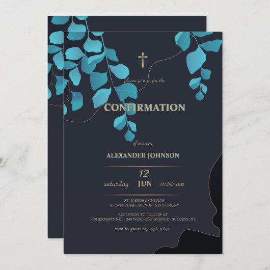 Blauwe indruk religieuze uitnodiging (Voorkant / Achterkant)