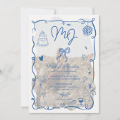 Blauwe initialen handgetekende geïllustreerde foto kaart (Voorkant)