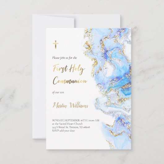 blauwe inkt en FAUX-glitter | Eerste Heilige Commu Kaart (Voorkant)