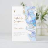 blauwe inkt en FAUX-glitter | Eerste Heilige Commu Kaart (Staand voorkant)