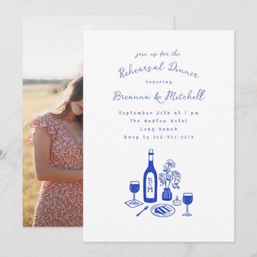 Blauwe inkt grillige hand getrokken repetitie dine kaart (Voorkant / Achterkant)