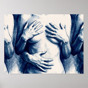 Blauwe inkt handen omhelzen lijntekening poster