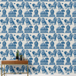 Blauwe inkt leeuwen behang