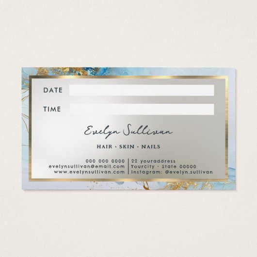 blauwe inkt marmer afspraak kaart (Achterkant)