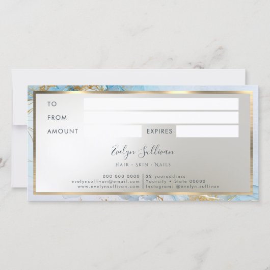 Blauwe inkt marmer cadeaubon (Achterkant)