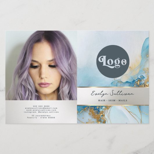 Blauwe inkt marmeren bifold brochure (Voorkant)