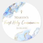 blauwe inktmarmer Eerste Heilige Communie Ronde Sticker (Voorkant)