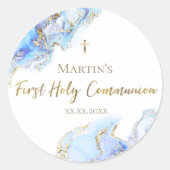 blauwe inktmarmer Eerste Heilige Communie Ronde Sticker (Voorkant)