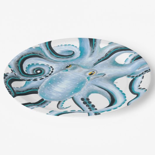 Blauwe inktvis & marker papieren bordje (Gekanteld)