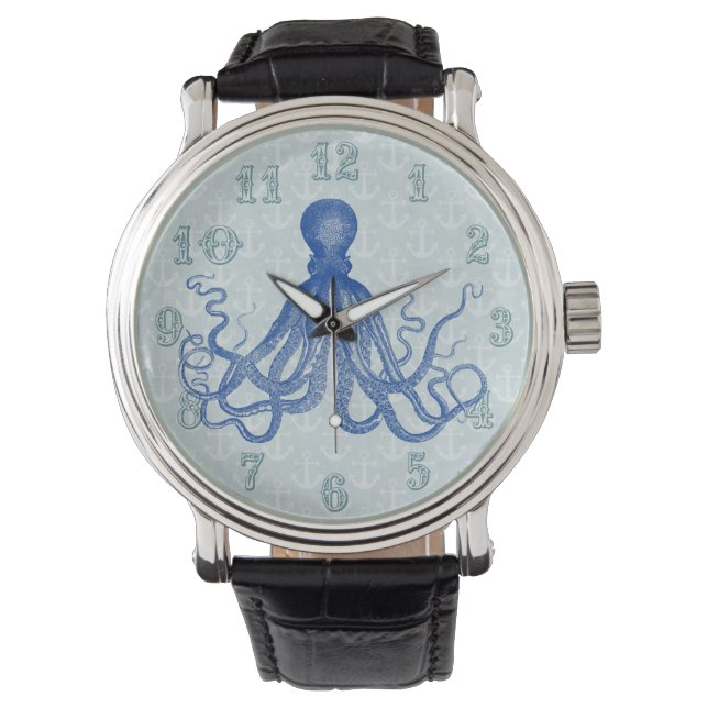 blauwe inktvis met ankers horloge (Voorkant)